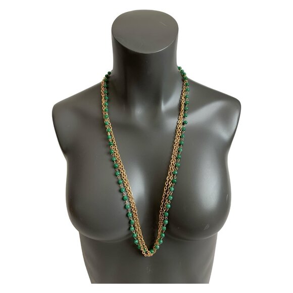 HongKong Gold Tone Chain Necklace Green Beads Multilayered Oversized Jewelry 32" - Picture 3 of 5